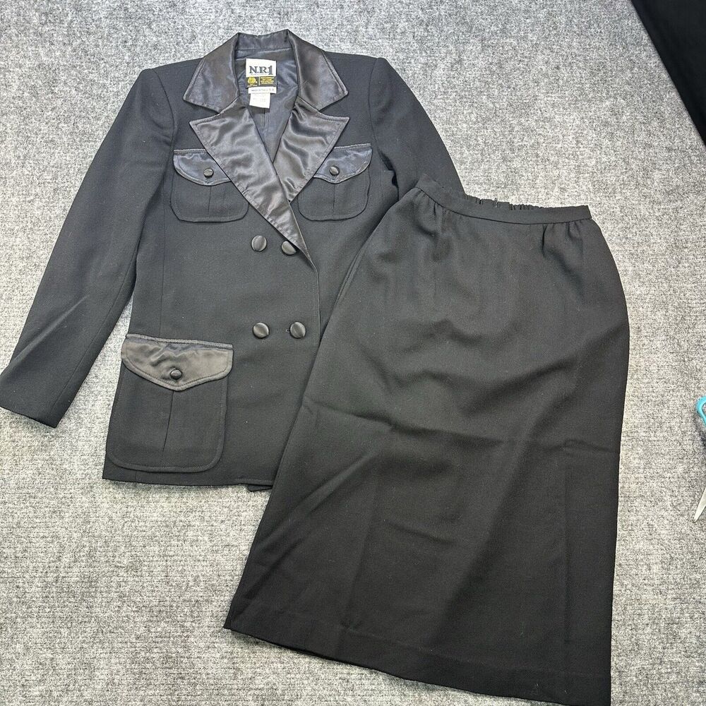 Vintage 70s NR1 by Ned Gould Skirt Suit 6 Black 100% Wool Crepe Satin Lapel